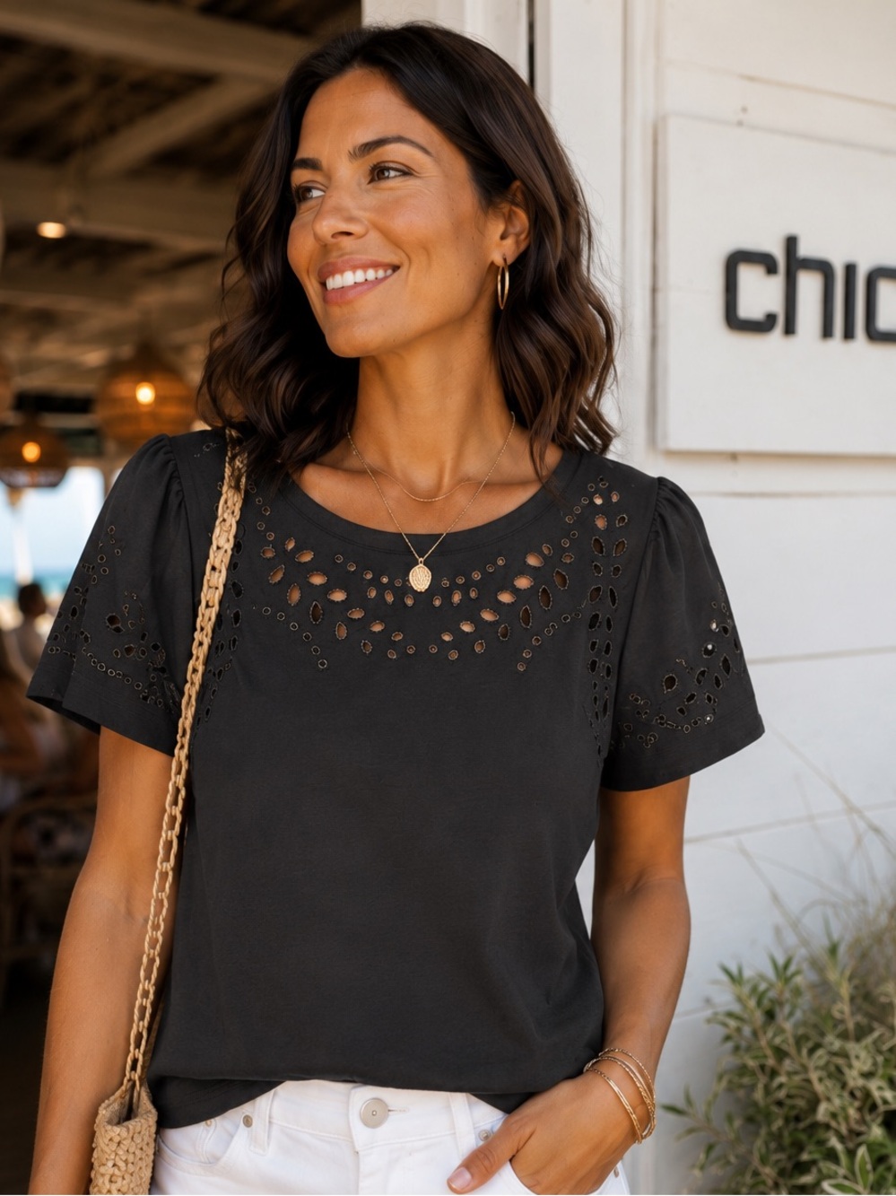 🌸Chico’s Eyelet Short Sleeve Top - Black sizeS 💯cotton NWT bohemian resort